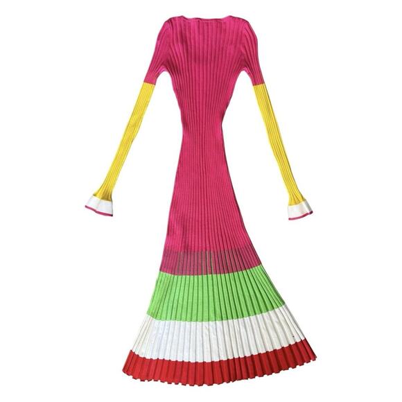 PRABAL GURUNG Striped Ribbed Bodycon Midi Dress In Pink Color Block XS - Picture 8 of 16